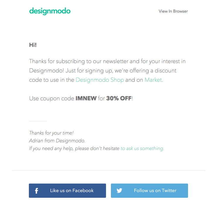 Promotion Email Designmodo mit Rabattcode